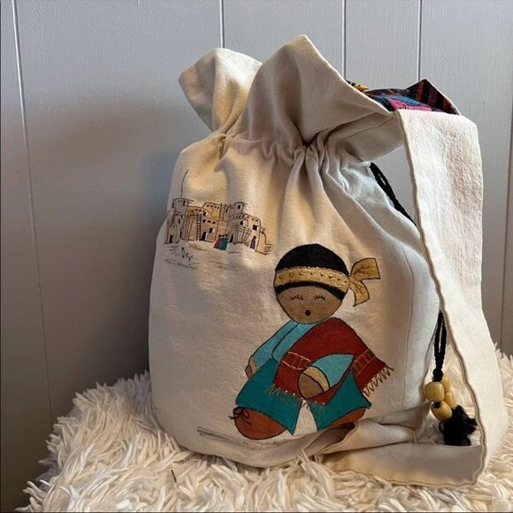 Unique hand painted canvas drawstring bucket bag - Picture 3 of 11